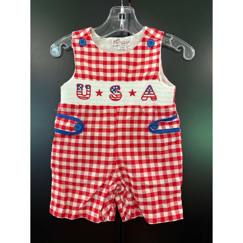 Clover Cottage Apparel Baby USA Gingham Romper Red White Blue 0-6M Patriotic